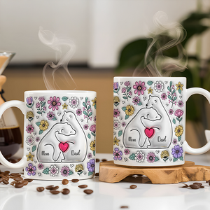 Personalized Bear Family Mug, 3D Inflated Effect, Custom Bear Coffee Mug, Family Names Mug, Gift for Mom Dad, Up to 5 Kids