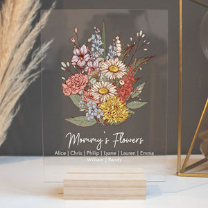 Birth Month Flower Bouquet Gift Box, Personalized Acrylic Plaque And Candle Scent Set, Gift For Mom