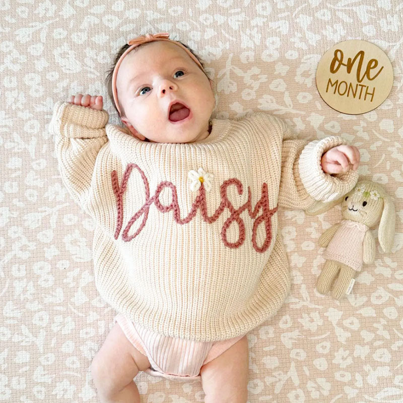 Embroidered Baby Name Flower Sweater, Personalized Baby Sweater, Custom Baby Clothes, Baby Shower Gift, Gift For Christmas