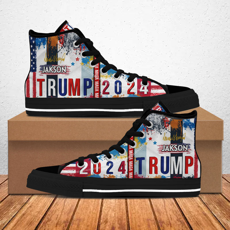 MAGA US Flag Trump 2024 High Top Shoes, Personalized Trump Sneakers, Trump Shoes, Election 2024