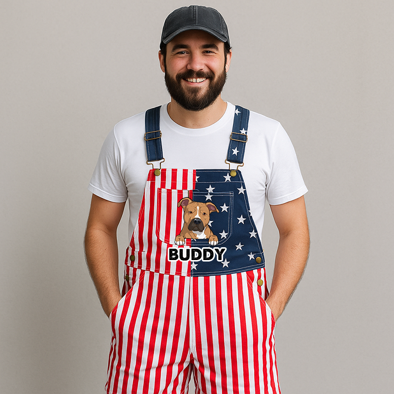 Custom American-Flag Denim Short Overalls, Dog And Name Clipart, Stars & Stripes Panels, Brass Hardware, July 4th, 250 Years Of America
