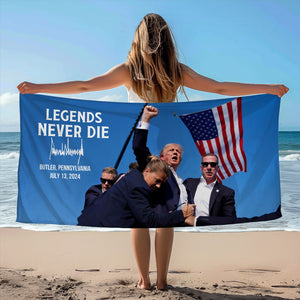 Trump Legends Never Die, Trump Shot, Personalized Beach Towel, Election 2024