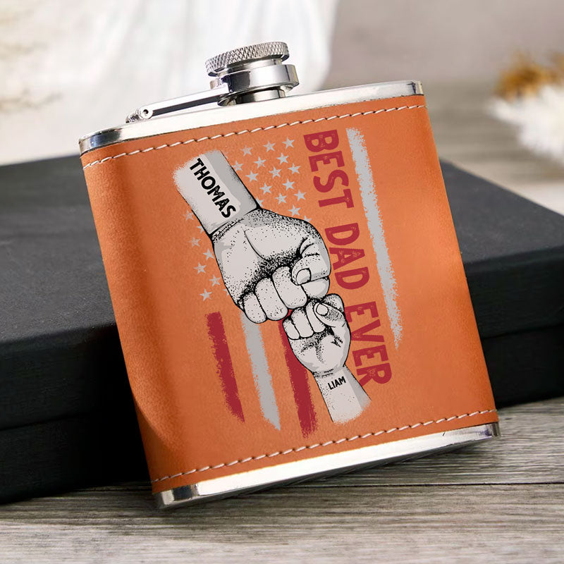 Best Dad Ever US FLag, Personalized Leather Flask, Father's Day Gifts