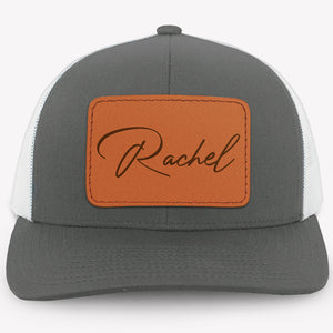 Custom Name Signature, Personalized Trucker Leather Patch Hat, Gift For Dad