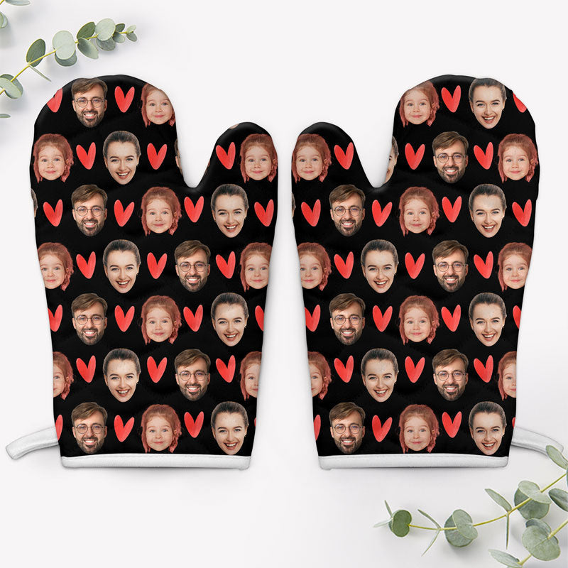 Custom Face Heart Pattern Oven Mitts, Personalized Oven Mitt, Funny Gift For Cook, Custom Photo
