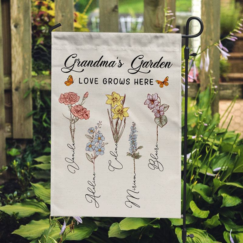 Custom Birth Month Flower Love Grows Here, Personalized Garden Flags, Gift For Mom, Gift For Grandma