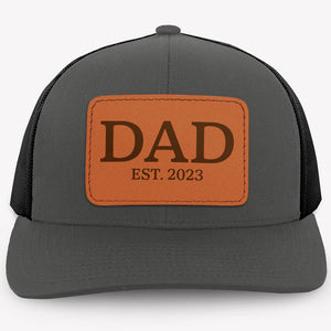Dad EST, Personalized Trucker Leather Patch Hat, Gift For Dad