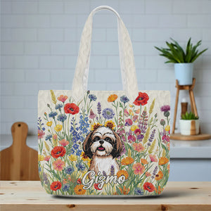 Personalized Dog Clipart Tote Bag, Custom Name Pet Lover Gift, Floral Dog Bag, Gift for Dog Mom, Cute Pillow Tote Bag