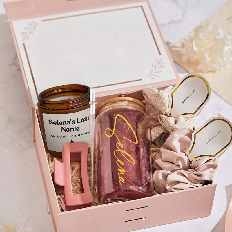 Mother's Day Gift Box Custom Name, Personalized Glass Cup And Candle Scent Set, Gift For Mom