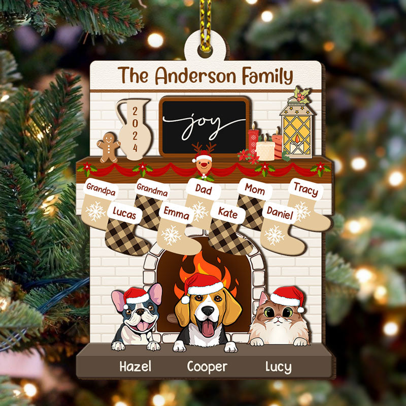 Family With Dog Cat Fireplace, Personalized 2 Layers Ornament, Custom Christmas Ornaments