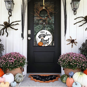 Halloween Decorations Wood Sign, Hey Boo Dachshund Pumkin Circle Door Sign, Halloween Themed Wooden Hanging Sign