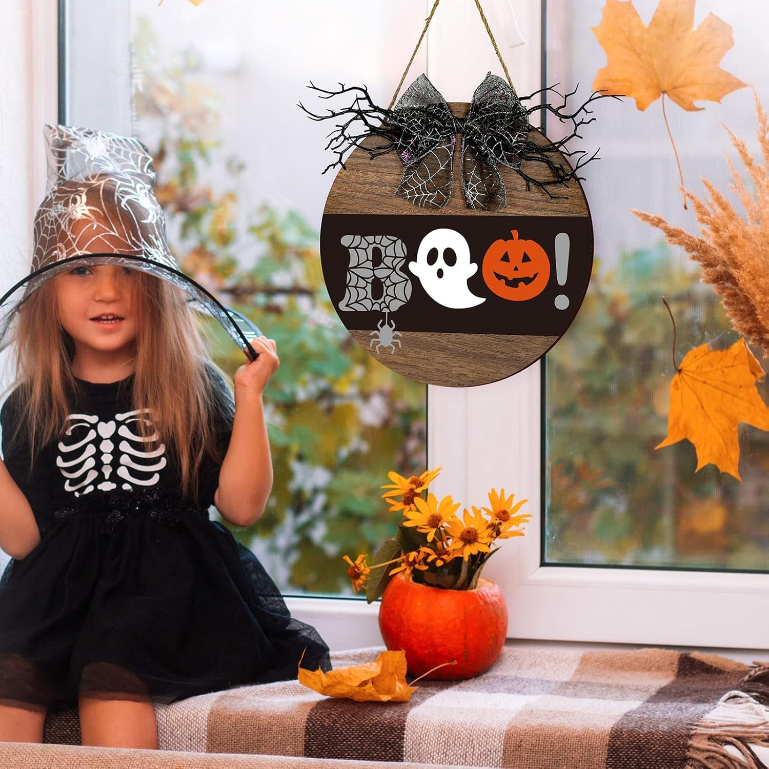 Halloween Decorations Wood Sign, Boo! Circle Door Sign, Halloween Themed Wooden Hanging Sign