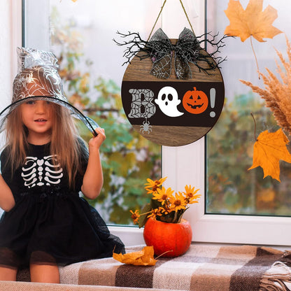 Halloween Decorations Wood Sign, Boo! Circle Door Sign, Halloween Themed Wooden Hanging Sign