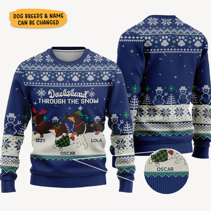 Funny dog mom all-over-print sweatshirt, Christmas gift for dog lovers - Dachshund through the snow, custom printed sweatshirt for dog lovers