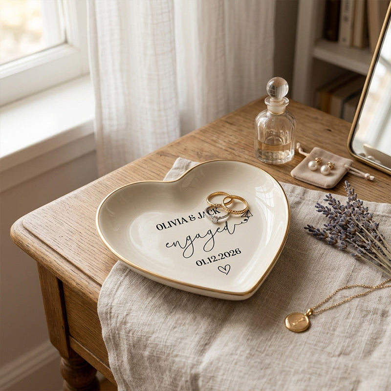 Personalized Engagement Ring Dish, Custom Name Jewelry Dish, Engaged Gift for Couple, Bride to Be Gift, Custom Wedding Date Trinket Dish