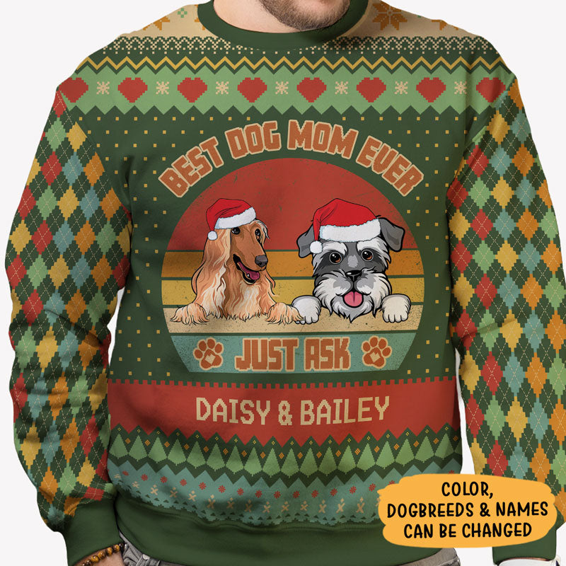 Best Dog Dad Dog Mom Ever Just Ask, Personalized All-Over-Print Sweatshirt, Retro Vintage Ugly Sweater, Kid Sweatshirt, Custom Photo