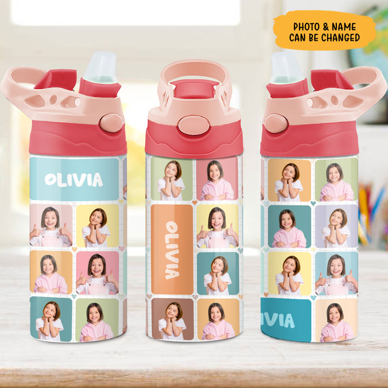 A personalized stainless steel water bottle with a straw, featuring a colorful geometric pattern with photos and the name 'Aylah'.