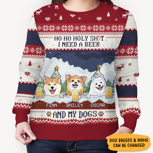 Ho Ho Holy I Need Beer And Dog, Personalized All-Over-Print Sweatshirt, Funny Ugly Sweater