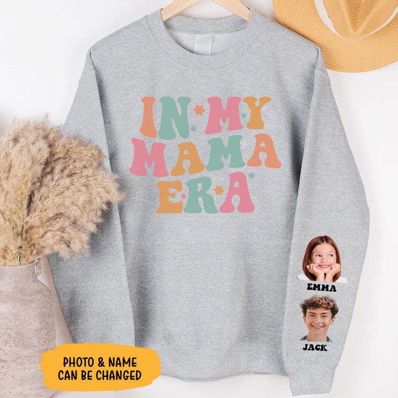 In My Mom Era, Personalized Sweatshirt With Sleeve Imprint, Custom Gifts For Mother's Day