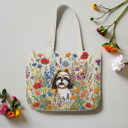 Personalized Dog Clipart Tote Bag, Custom Name Pet Lover Gift, Floral Dog Bag, Gift for Dog Mom, Cute Pillow Tote Bag