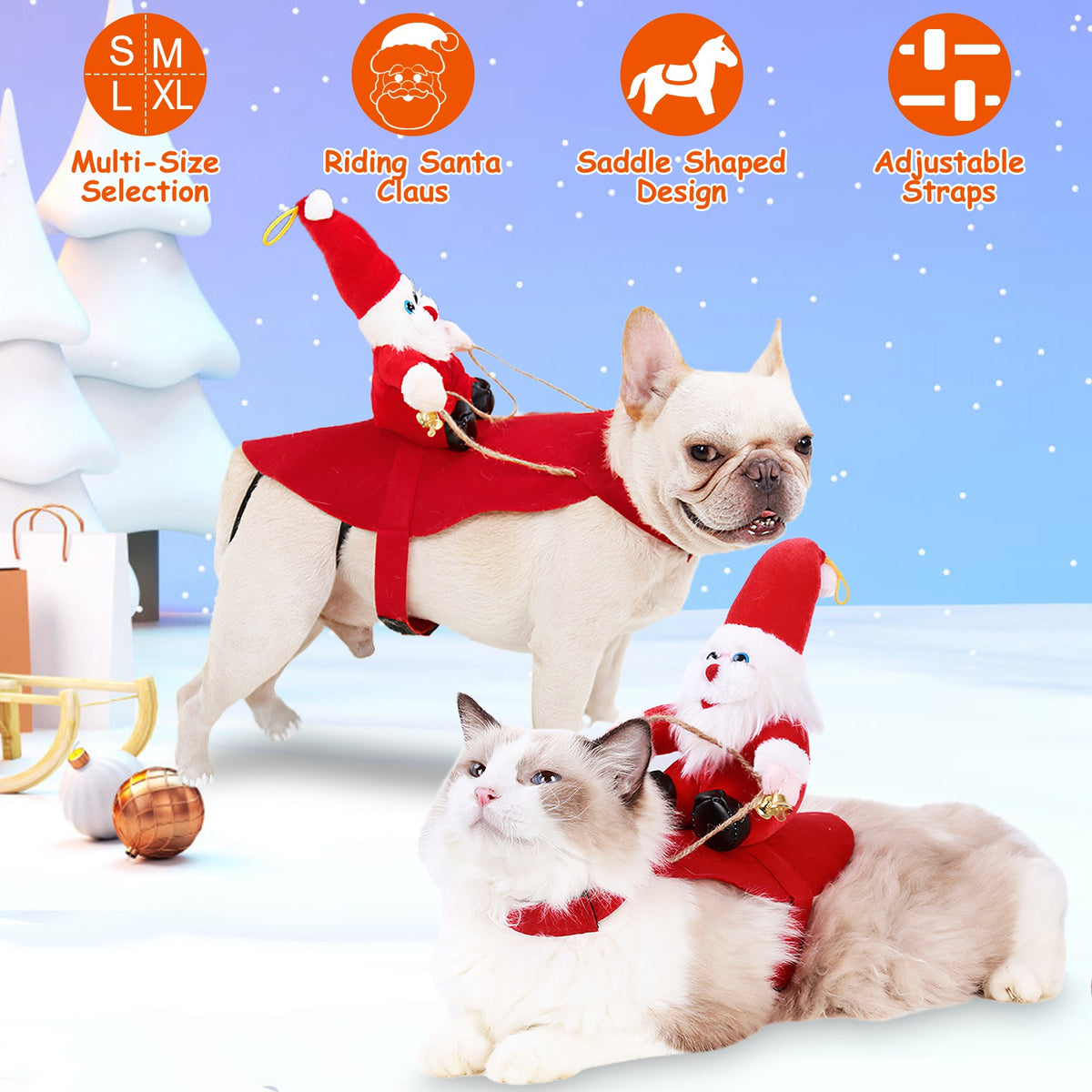 Pet Christmas Costumes Red Winter Coat For Dog Riding Santa Claus With Bell For Small & Medium Dogs/Cats