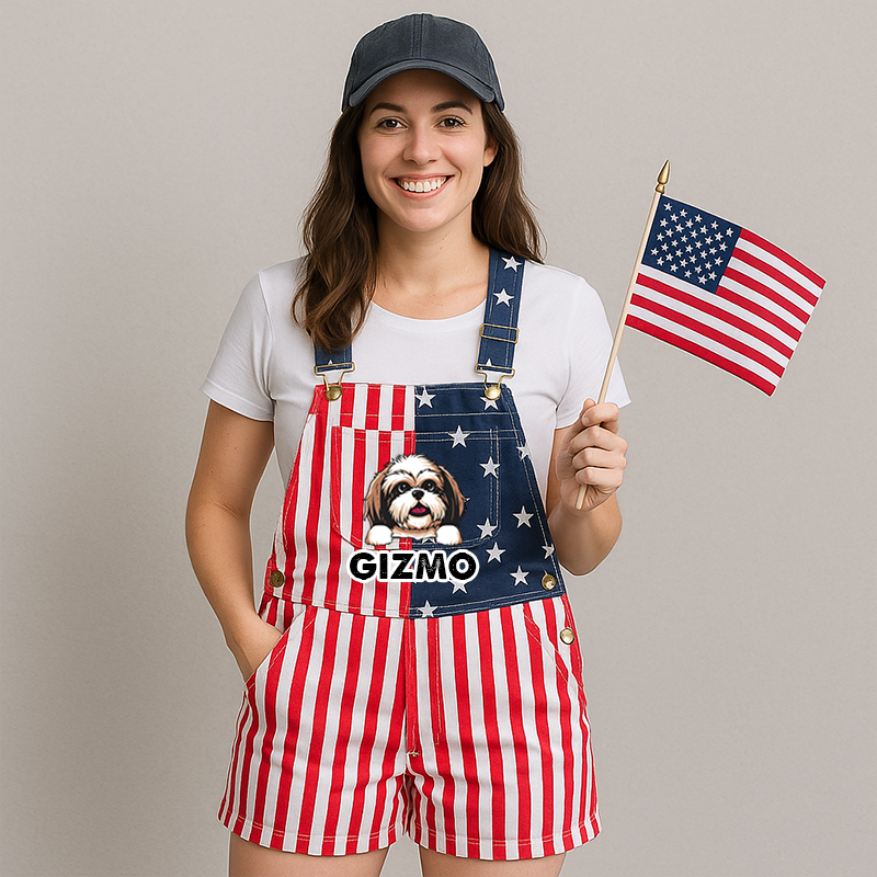 Custom American-Flag Denim Short Overalls, Dog And Name Clipart, Stars & Stripes Panels, Brass Hardware, July 4th, 250 Years Of America