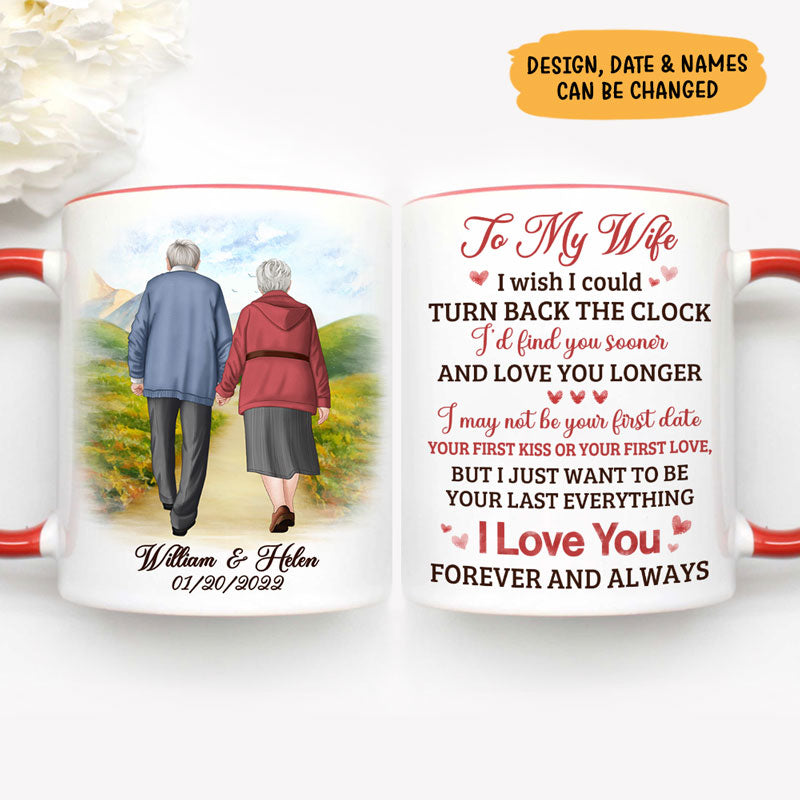 I Wish I Could Turn Back The Clock Elderly Couple Walking, Personalized Accent Mug, Anniversary Gifts