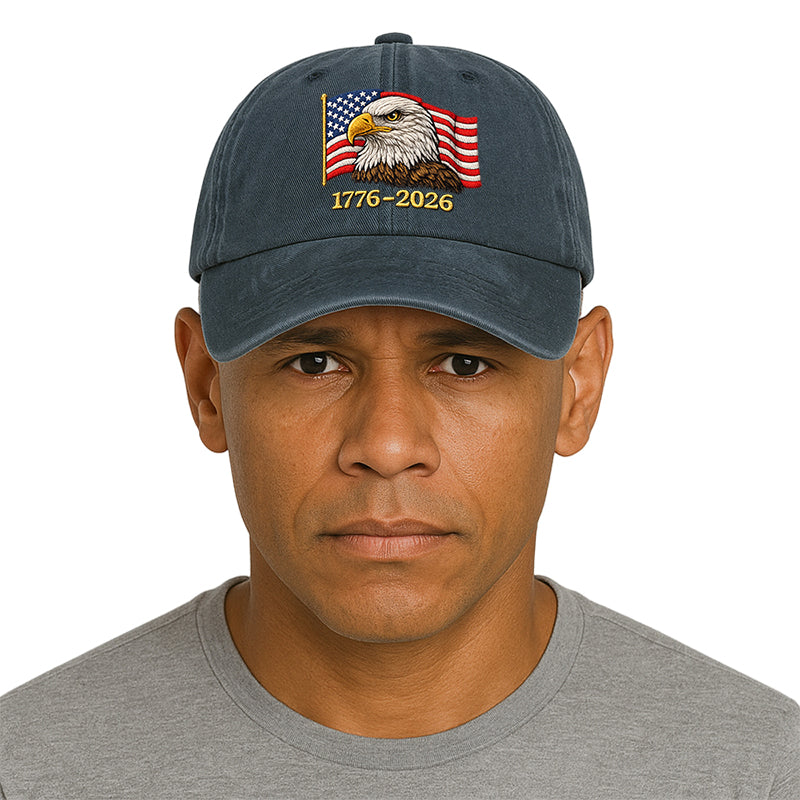 Patriotic Bald Eagle 1776-2026 Faux Embroidery Print Printed Vintage Cotton Washed Cap