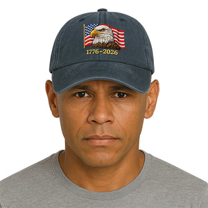 Patriotic Bald Eagle 1776-2026 Faux Embroidery Print Printed Vintage Cotton Washed Cap