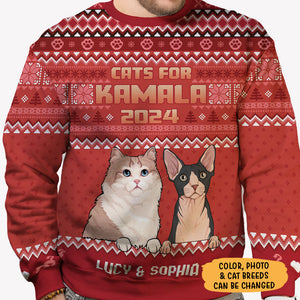 Cats For Kamala 2024, Personalized All-Over-Print Sweater, Kid Sweatshirt, Ugly Sweater, Gift For Kamala Harris Supporters, Custom Photo