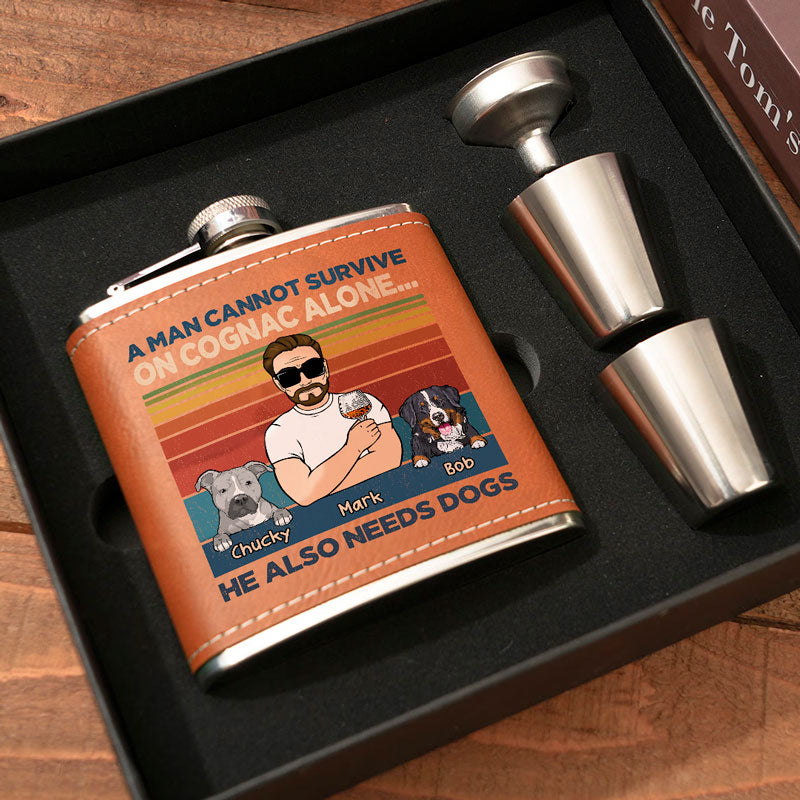 Personalized Dog Dad Leather Flask - A Man Cannot Survive On Drink Alone, Dog Lover Gift for Him