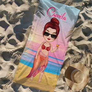 Woman On Beach Chibi Lady, Personalized Beach Towel, Beach Accessories For Vacation