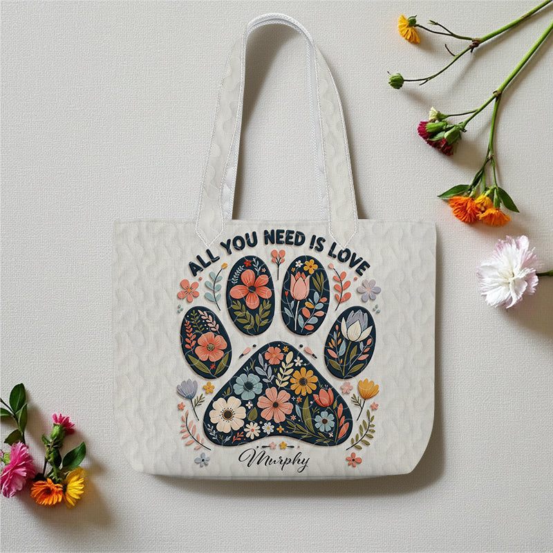 Personalized Dog Paw Tote Bag, Custom Name Pet Lover Gift, Floral Paw Print Bag, Gift for Dog Mom, Cute Pillow Tote Bag