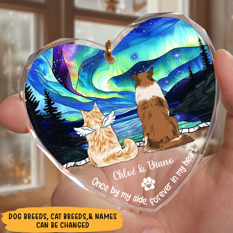 Once By My Side Forever In My Heart, Personalized Heart Glass Ornament, Dog Cat Ornament, Memorial Gift For Pet Lovers