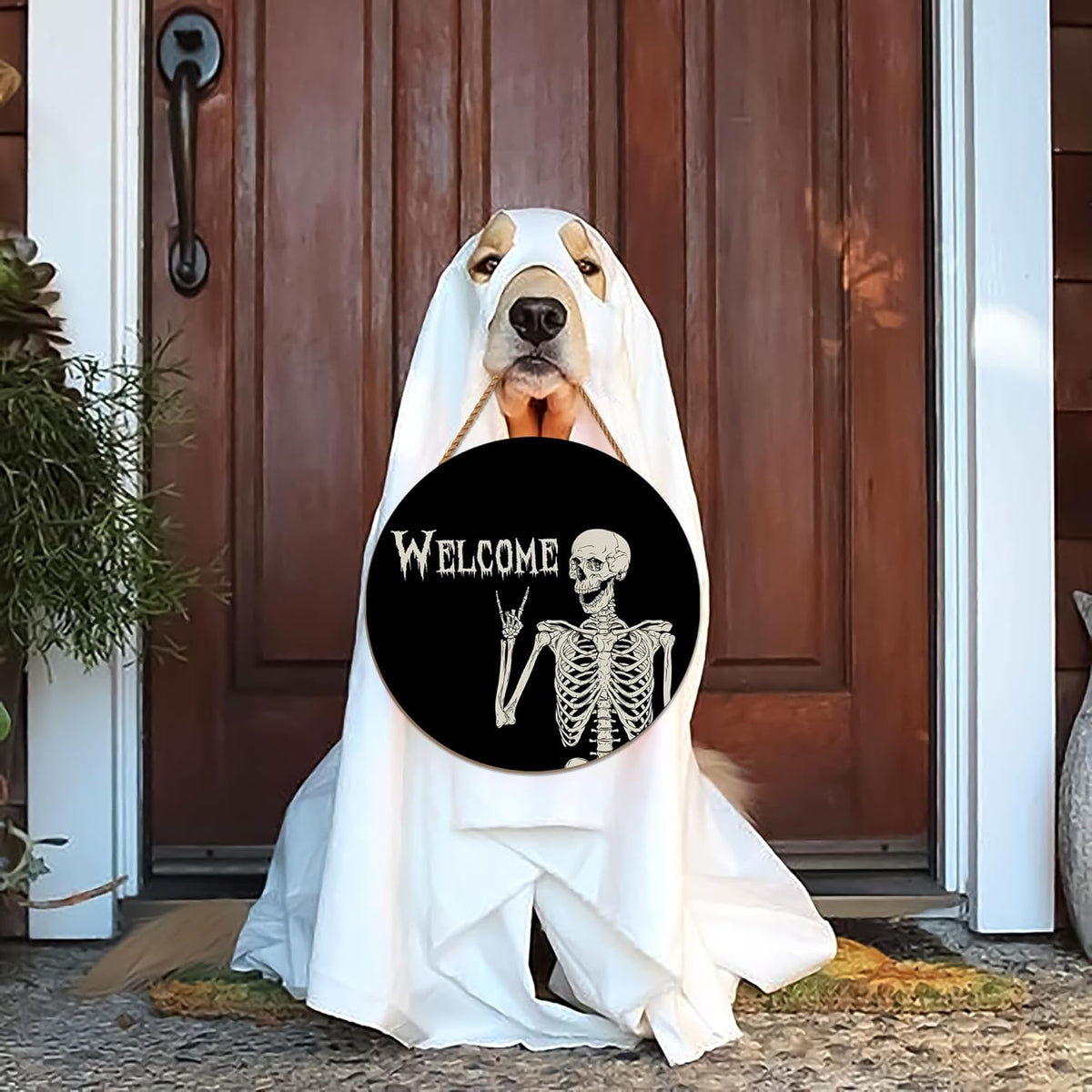 Halloween Decorations Wood Sign, Skull Welcome Door Sign, Halloween Themed Wooden Hanging Sign