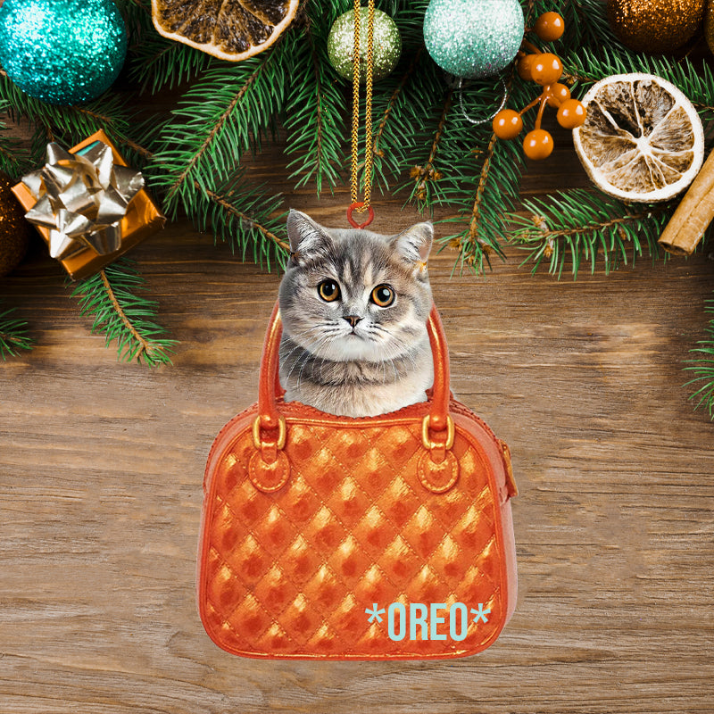Cat Peeking Through A Tiny Purse Ornament, Personalized Shape Ornaments, Family Gifts, Christmas Ornament