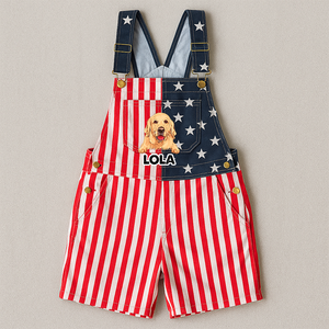 Custom American-Flag Denim Short Overalls, Dog And Name Clipart, Stars & Stripes Panels, Brass Hardware, July 4th, 250 Years Of America