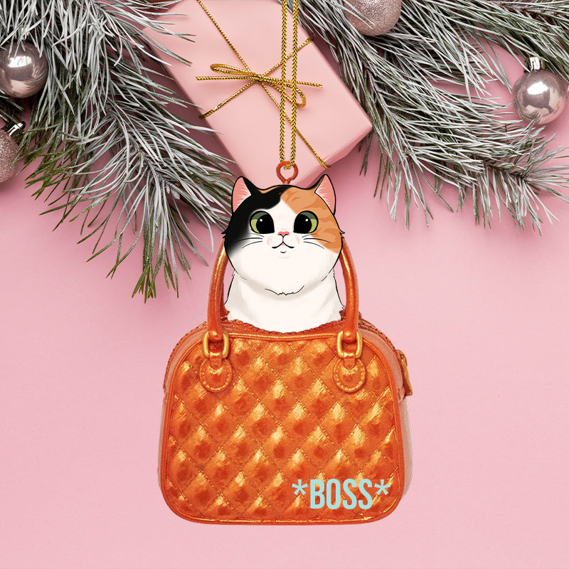 Cat Peeking Through A Tiny Purse Ornament, Personalized Shape Ornaments, Family Gifts, Christmas Ornament