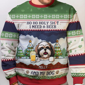 Ho Ho Holy I Need Beer And Dog, Personalized All-Over-Print Sweatshirt, Funny Ugly Sweater