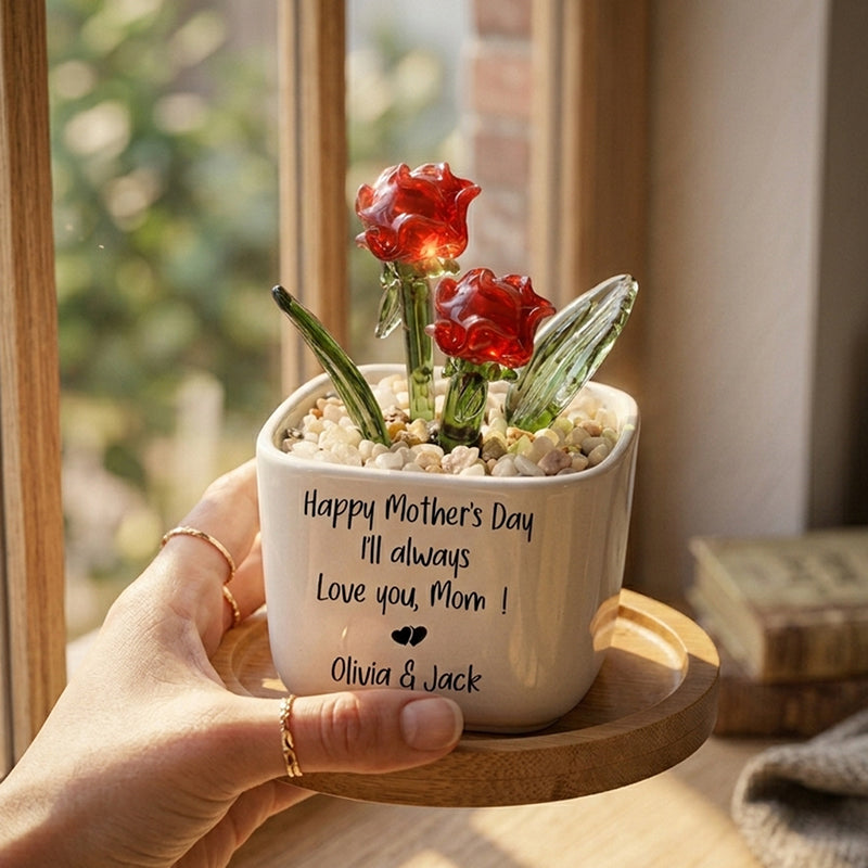 Customized Birth Flower Glass Gift for Mom, Personalized Mother's Gift, Handmade Glass Flower Pot Keepsake