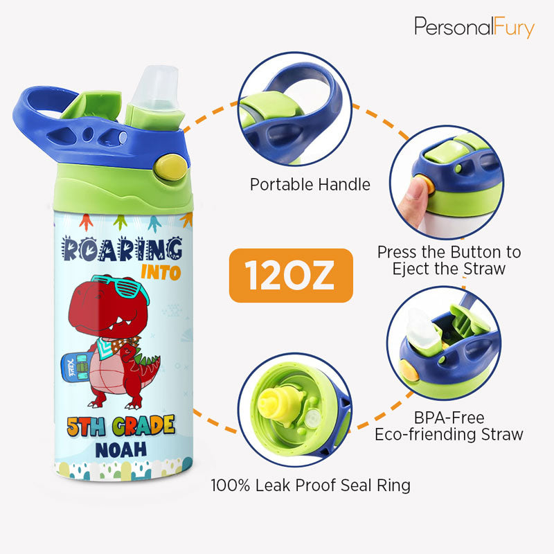 Roaring To School Dinosaur, Personalized Water Bottle With Straw, Back To School Gift For Kid