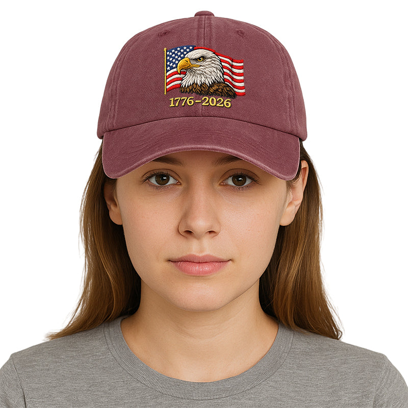 Patriotic Bald Eagle 1776-2026 Faux Embroidery Print Printed Vintage Cotton Washed Cap