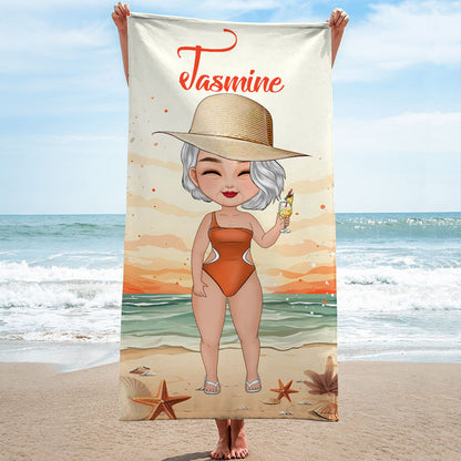 Woman On Beach Chibi Lady, Personalized Beach Towel, Beach Accessories For Vacation
