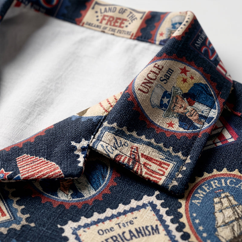 Patriotic America 250 Hawaiian Shirt, Vintage Stamp Print Button Up Shirt, 4th Of July USA, 250th Anniversary Of The USA Hawaiian Shirt