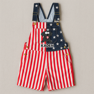 Custom American-Flag Denim Short Overalls, Pop-Eyed Dog Graphic, Stars & Stripes Panels, Brass Hardware, July 4th, 250 Years Of America