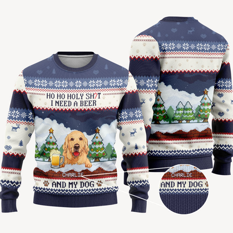 Ho Ho Holy I Need Beer And Dog, Personalized All-Over-Print Sweatshirt, Funny Ugly Sweater