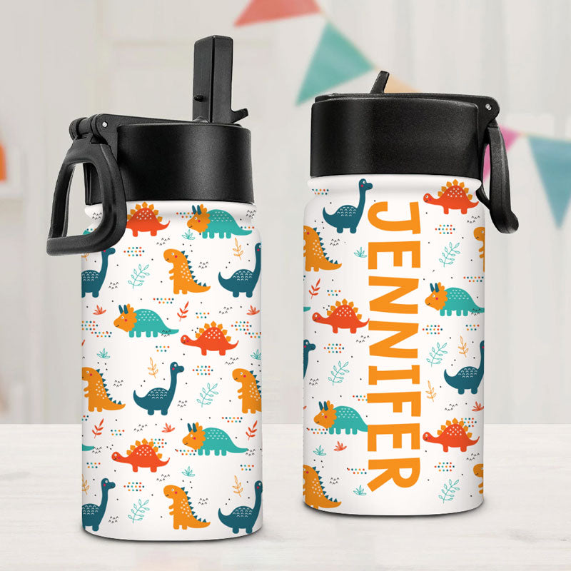 Dinosaur Kids Water Bottle, Personalized Water Bottle With Straw, Back To School Gift For Kid