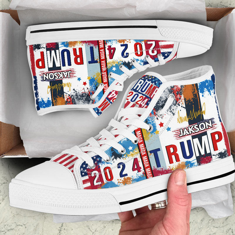 MAGA US Flag Trump 2024 High Top Shoes, Personalized Trump Sneakers, Trump Shoes, Election 2024