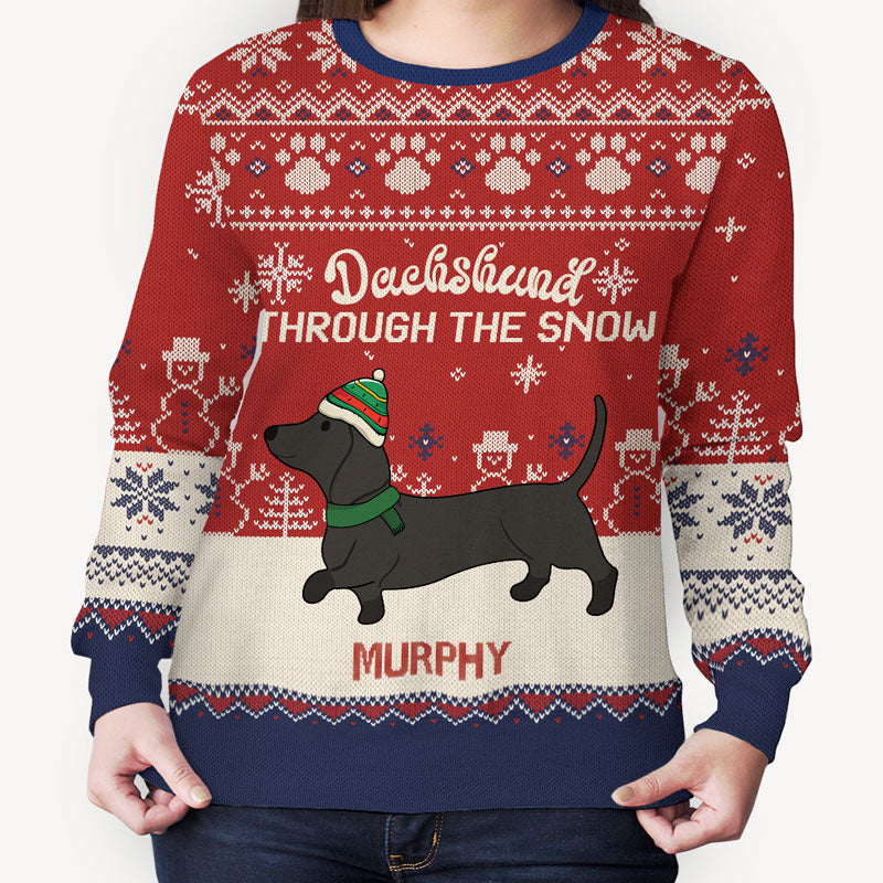 Funny dog mom all-over-print sweatshirt, Christmas gift for dog lovers - Dachshund through the snow, custom printed sweatshirt for dog lovers
