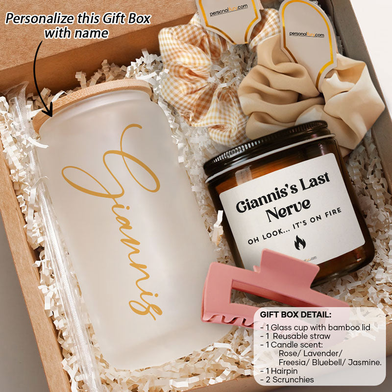 Mother's Day Gift Box Custom Name, Personalized Glass Cup And Candle Scent Set, Gift For Mom